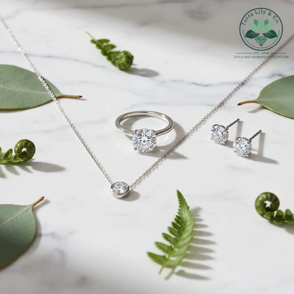 Terra Lily & Co editorial jewelry flat lay featuring a solitaire ring, bezel necklace, and stud earrings