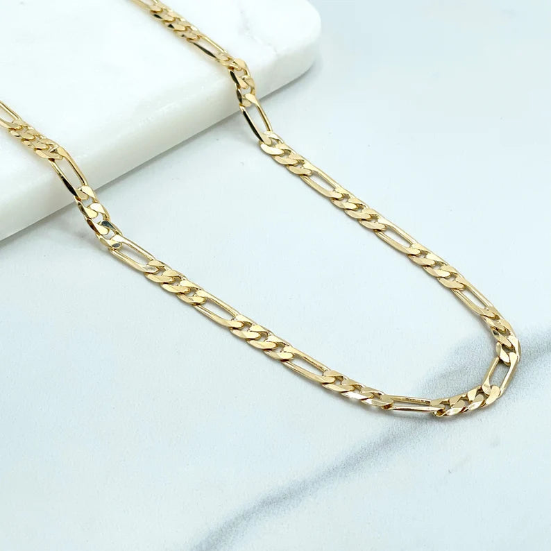 Figaro Chain Necklace 3mm Solid 14K Italian Yellow Gold draped on white marble