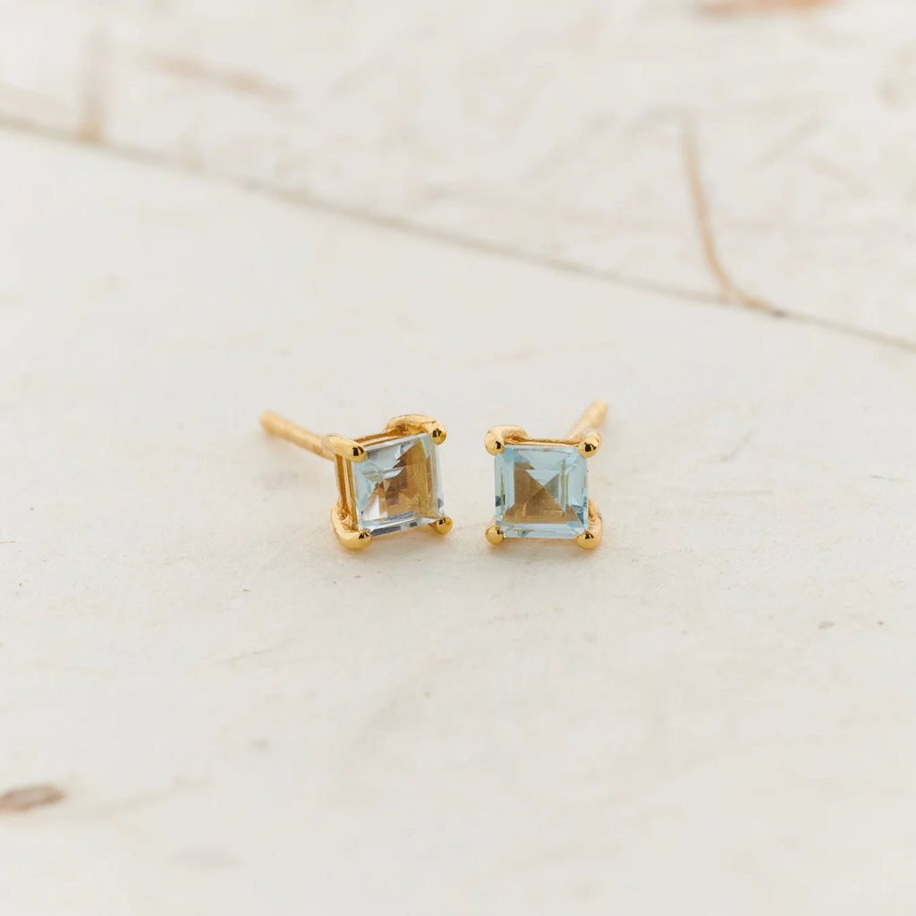 Blue Topaz Square Stud Earrings in 18K gold vermeil - front view