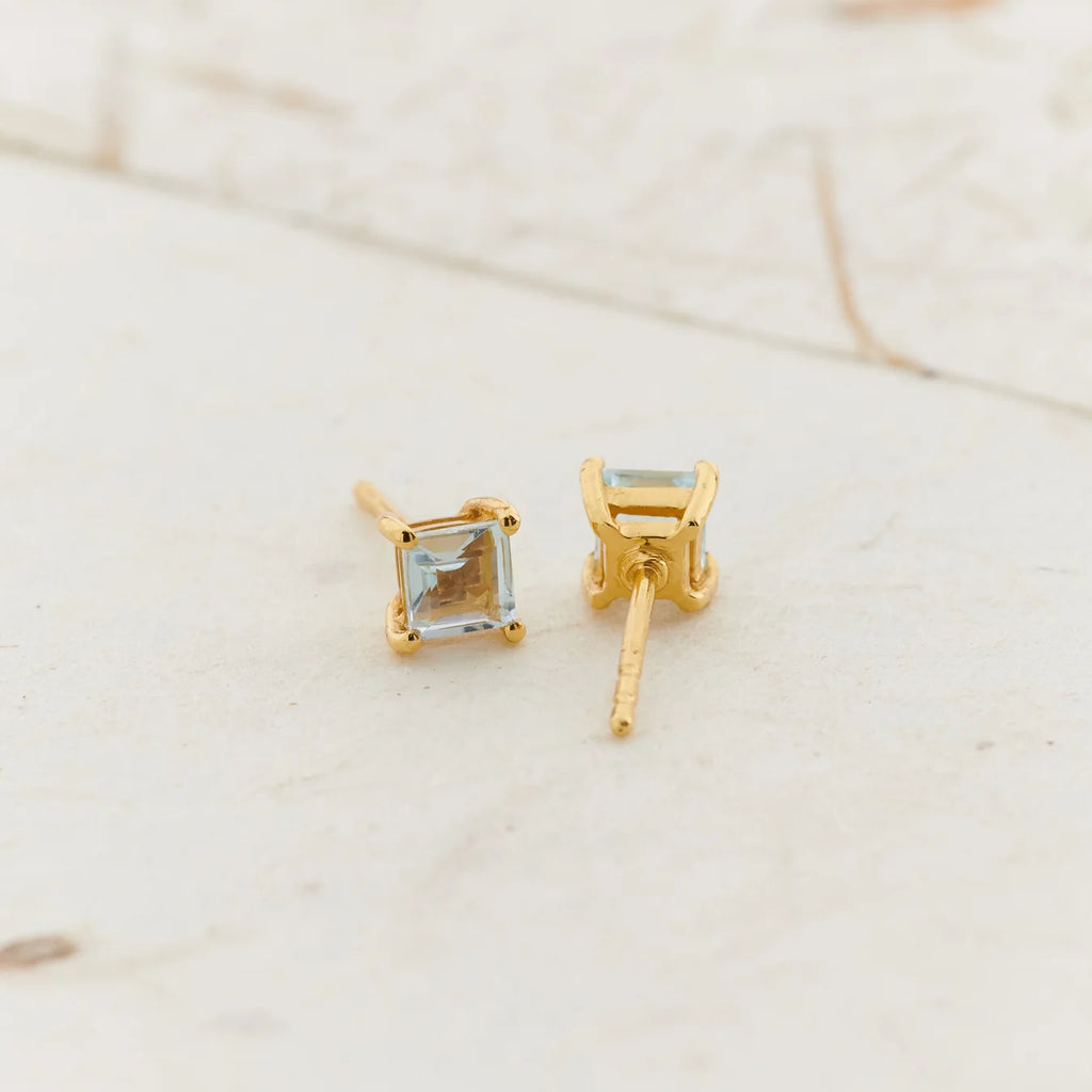 Blue Topaz Square Stud Earrings in 18K gold vermeil - side view showing post