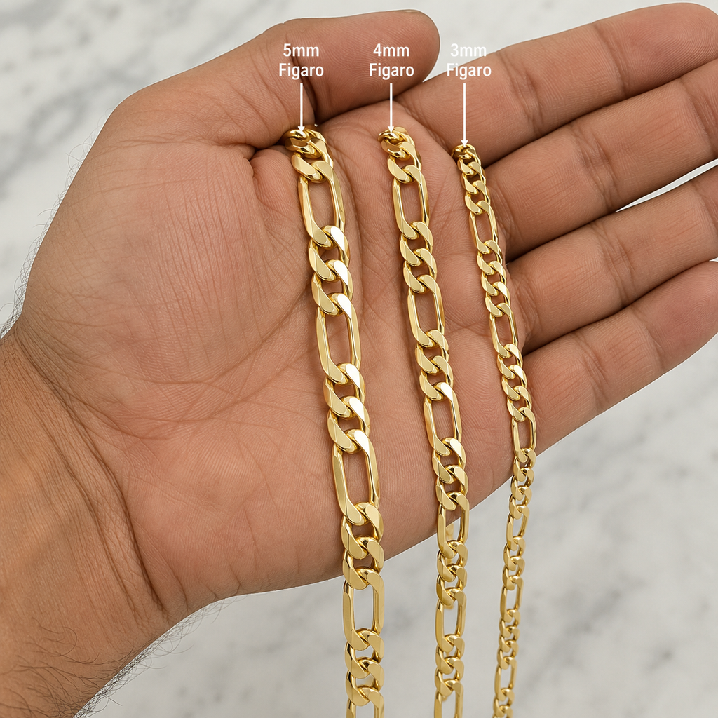Figaro chain 3mm 4mm 5mm held in hand for scale