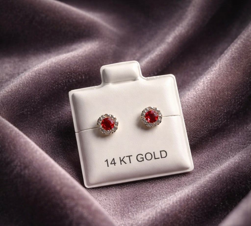 Tiny Halo Red CZ Stud Earrings in 14K Gold