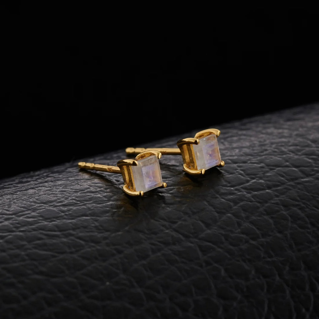 Moonstone Gold Vermeil Earrings - pair front view on dark background