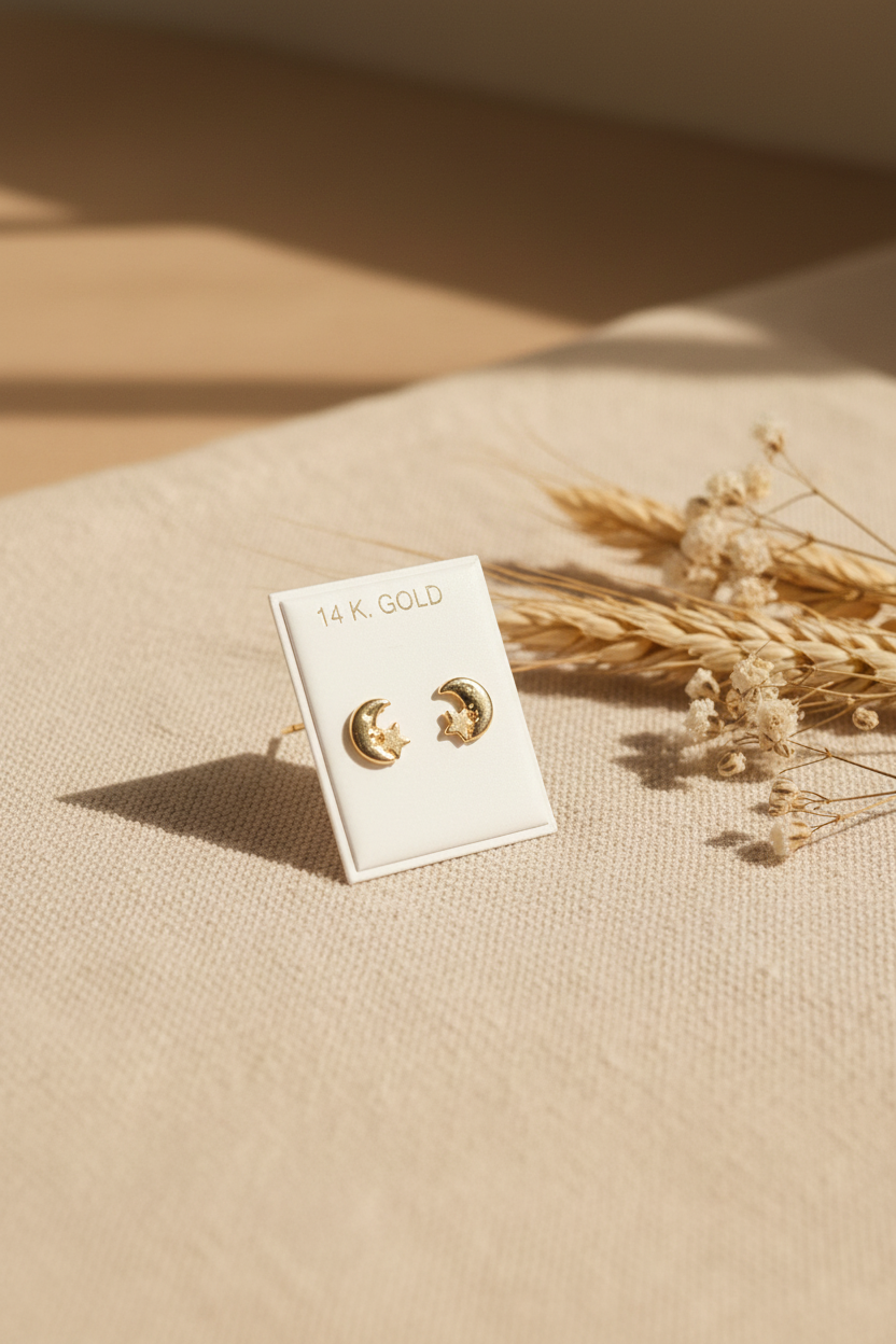 14K Gold Moon and Star Stud Earrings on cream linen background angle 2
