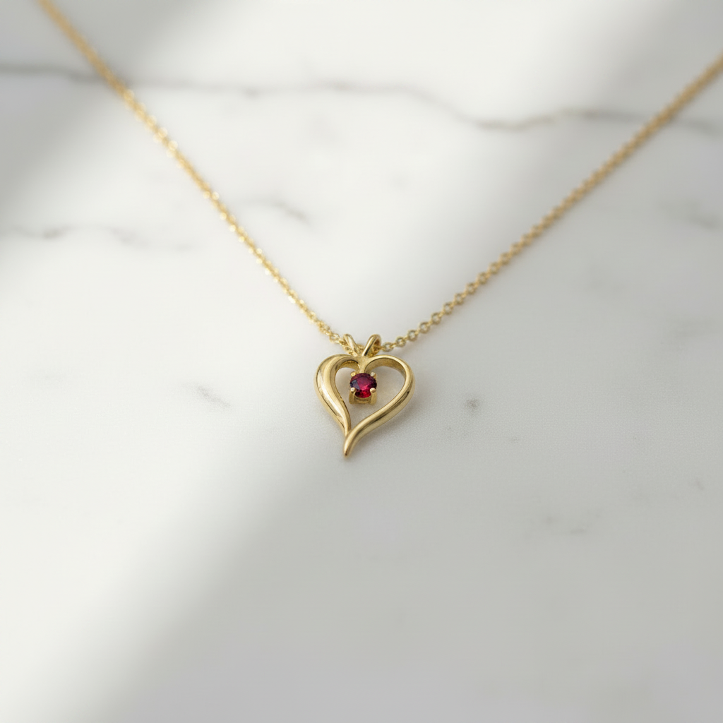 Silhouette Heart Pendant with Garnet in 14K Yellow Gold
