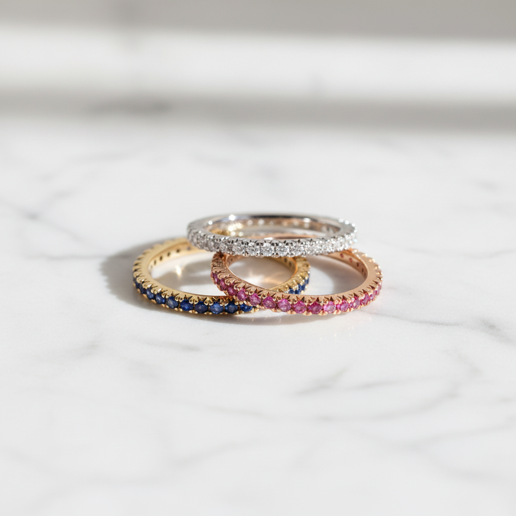 Three gemstone eternity bands arranged on white marble surface — sapphire, pink, and diamond
