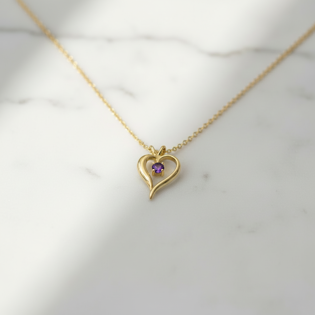 Silhouette Heart Pendant with Amethyst in 14K Yellow Gold