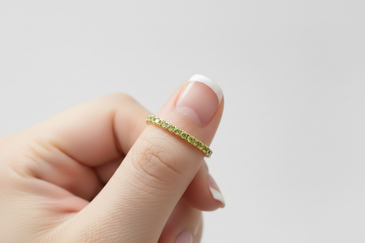 Peridot Eternity Band — On Thumb