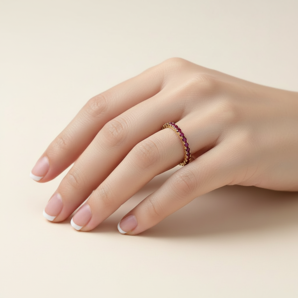 Ruby Eternity Band - French Manicure Model