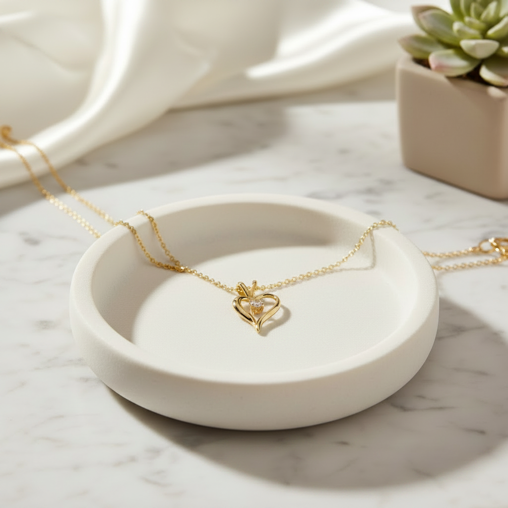 Silhouette Heart Pendant - Dainty Scale on Jewelry Dish