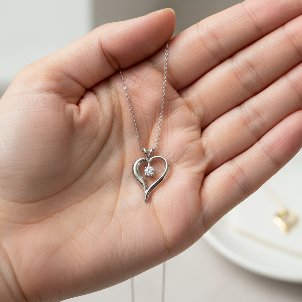 Silhouette Heart Pendant - Tiny White Gold Dainty on Palm