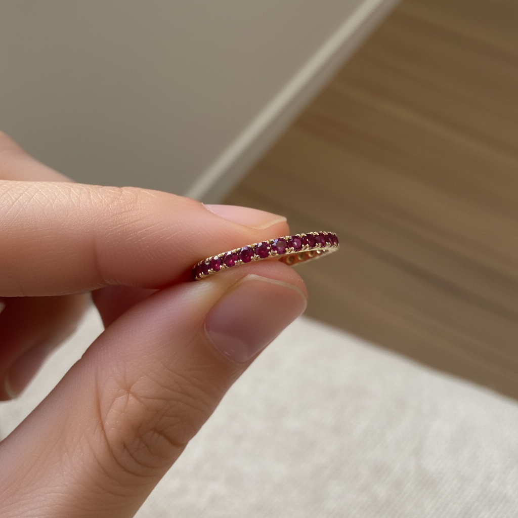 Slim Ruby Eternity Band - Thumb and Forefinger
