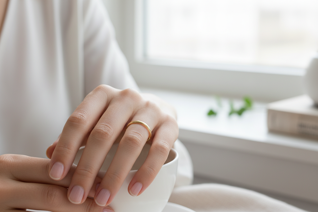Woman wearing 1.5mm gold wedding band