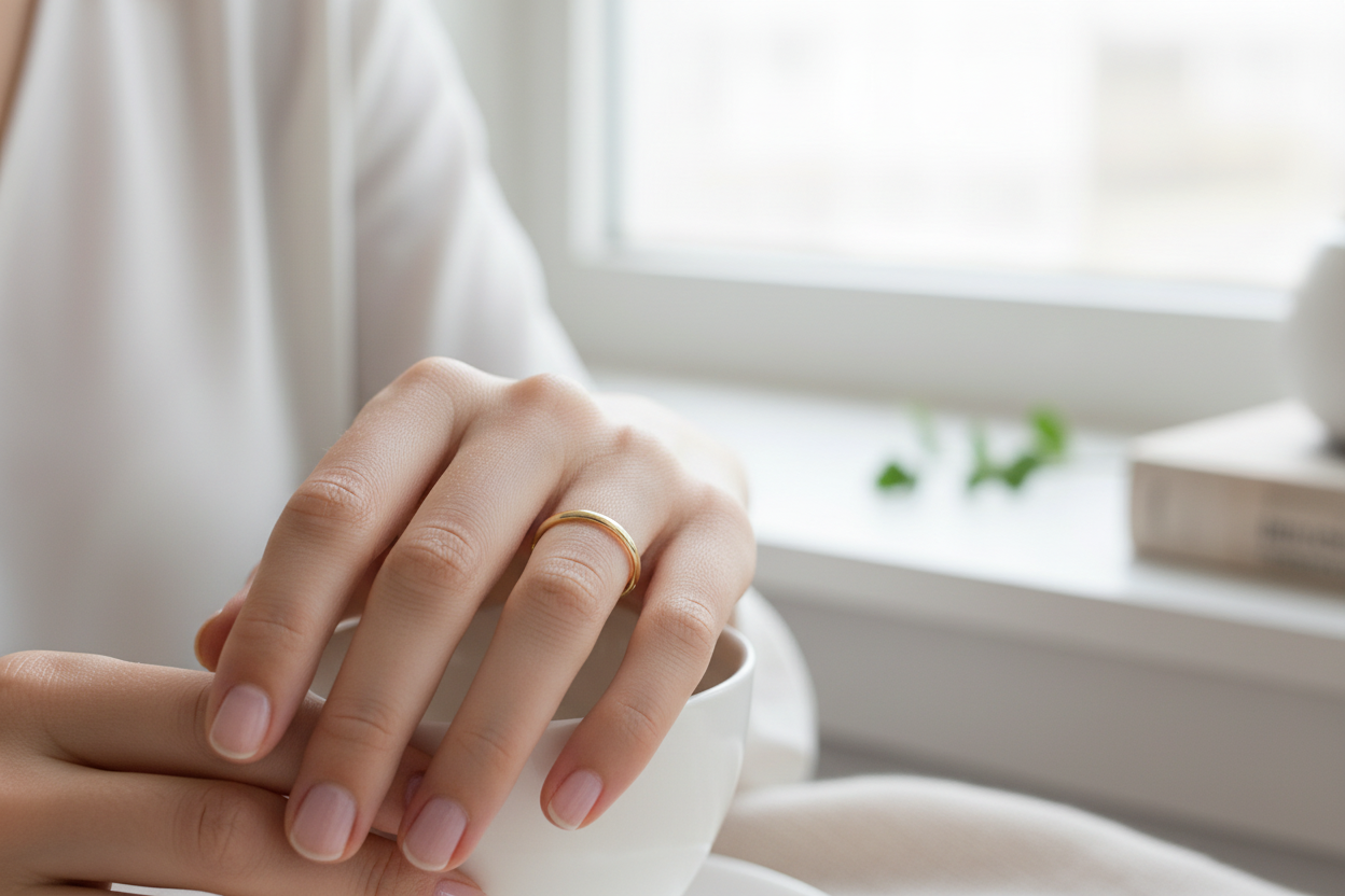 Woman wearing 1.5mm gold wedding band