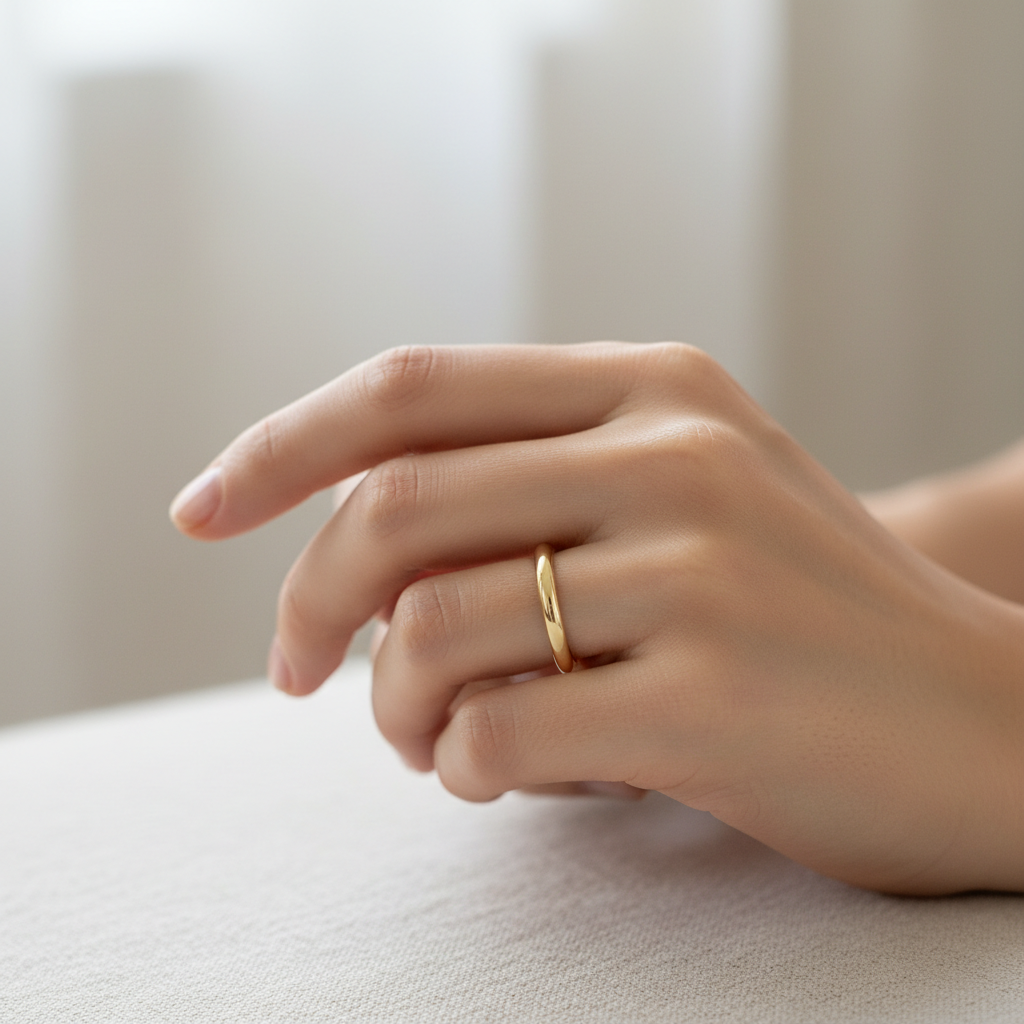 Woman wearing 2MM gold wedding band
