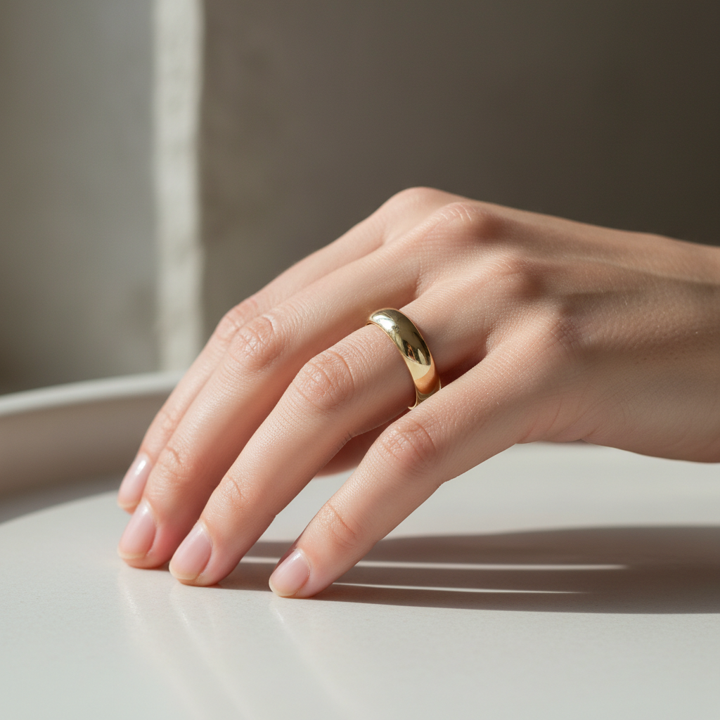 Woman wearing 5MM gold wedding band