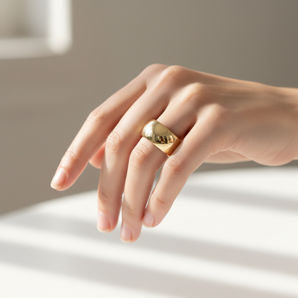 Woman wearing 7MM gold wedding band